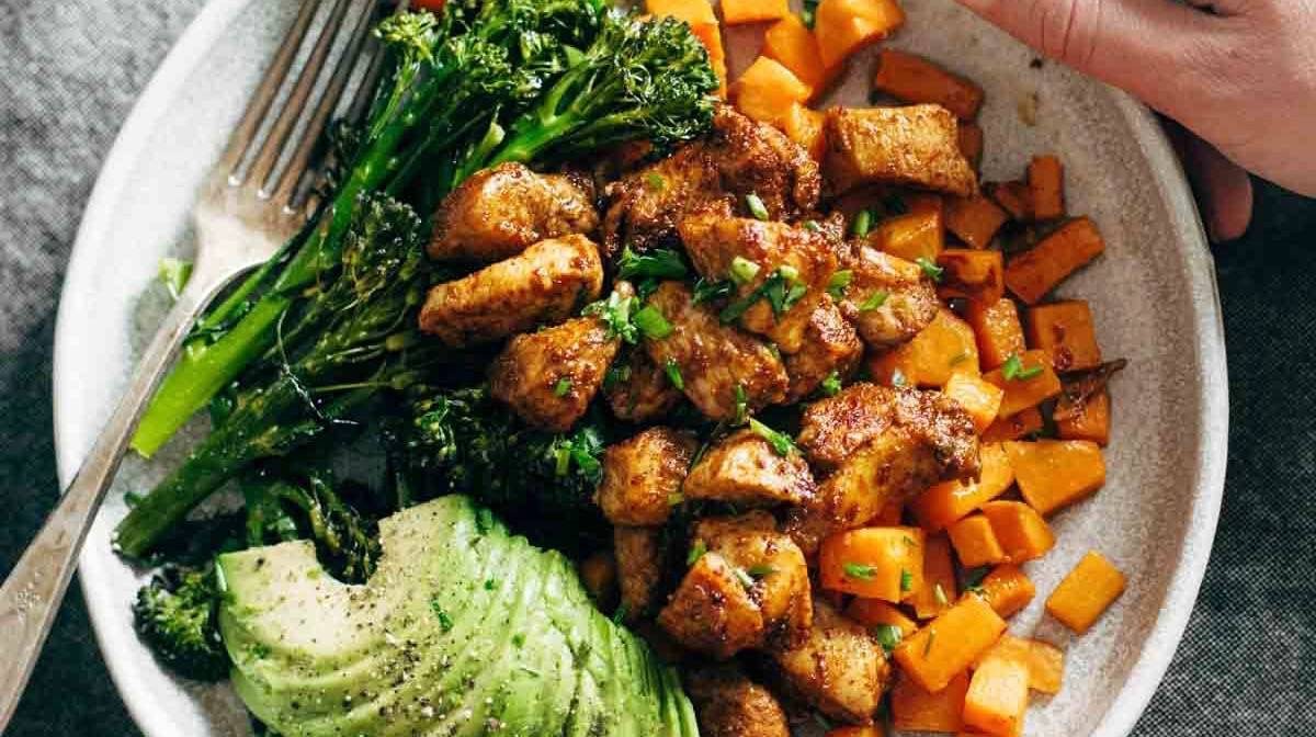 Lemon Balsamic Chicken with Sautéed Vegetables and Sweet Potato