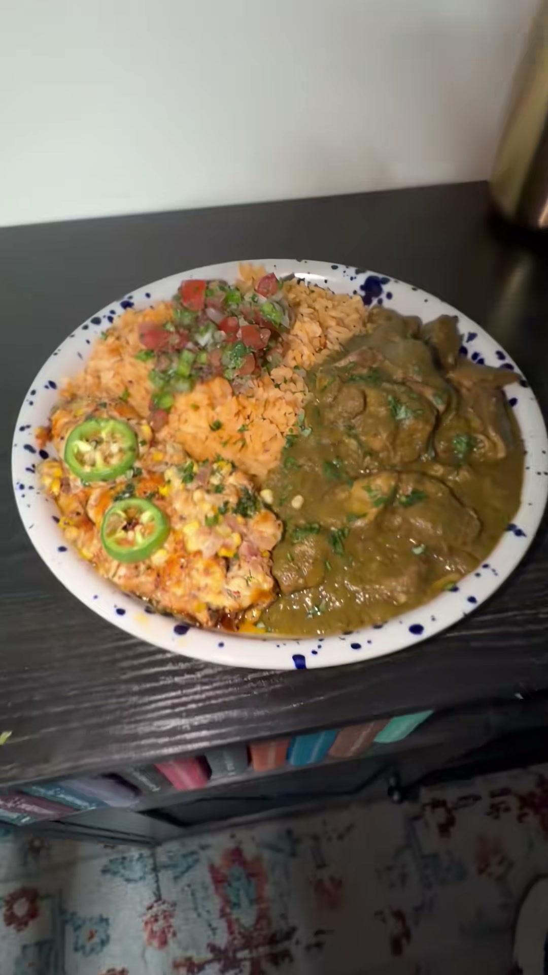 Pork Chile Verde with Mexican Rice and Cheesy Corn
