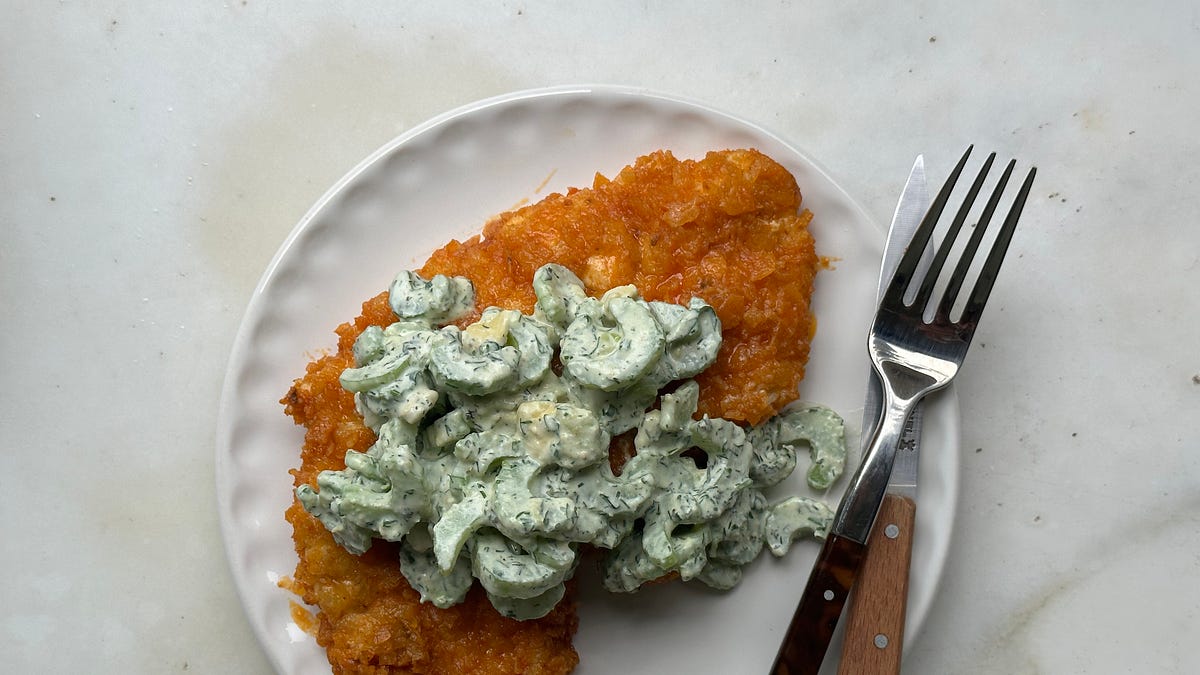 Buffalo Chicken Cutlets with Celery Ranch Slaw