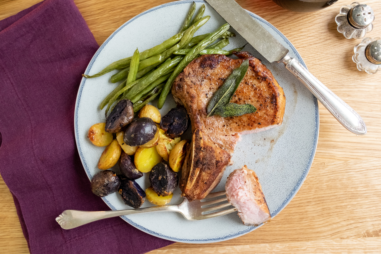 Butter-Basted Pork Chop with Baby Potatoes and French Green Beans
