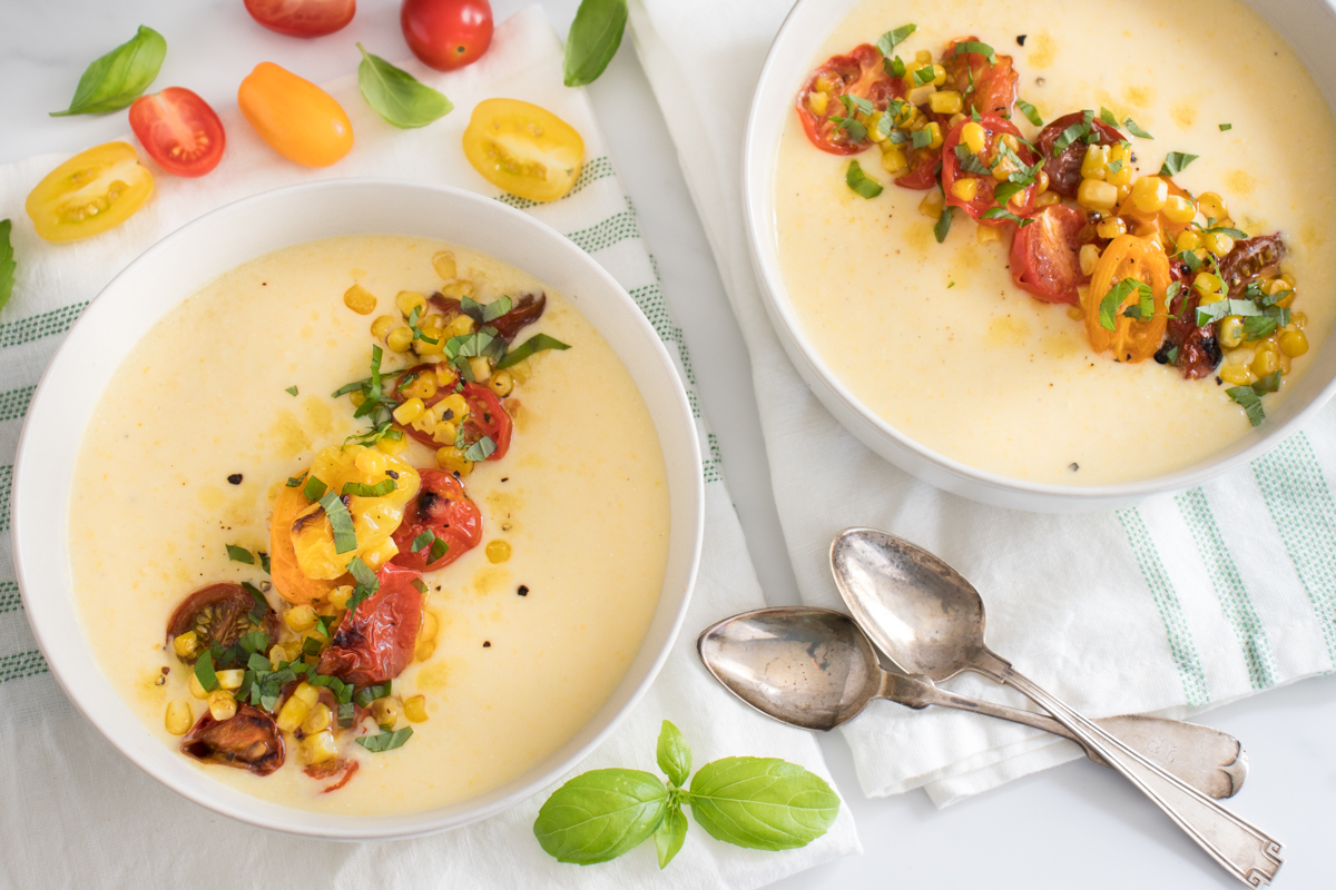 Buttermilk Corn Soup with Charred Tomatoes