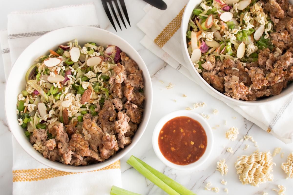Asian Ground Pork with Ramen Noodle Slaw