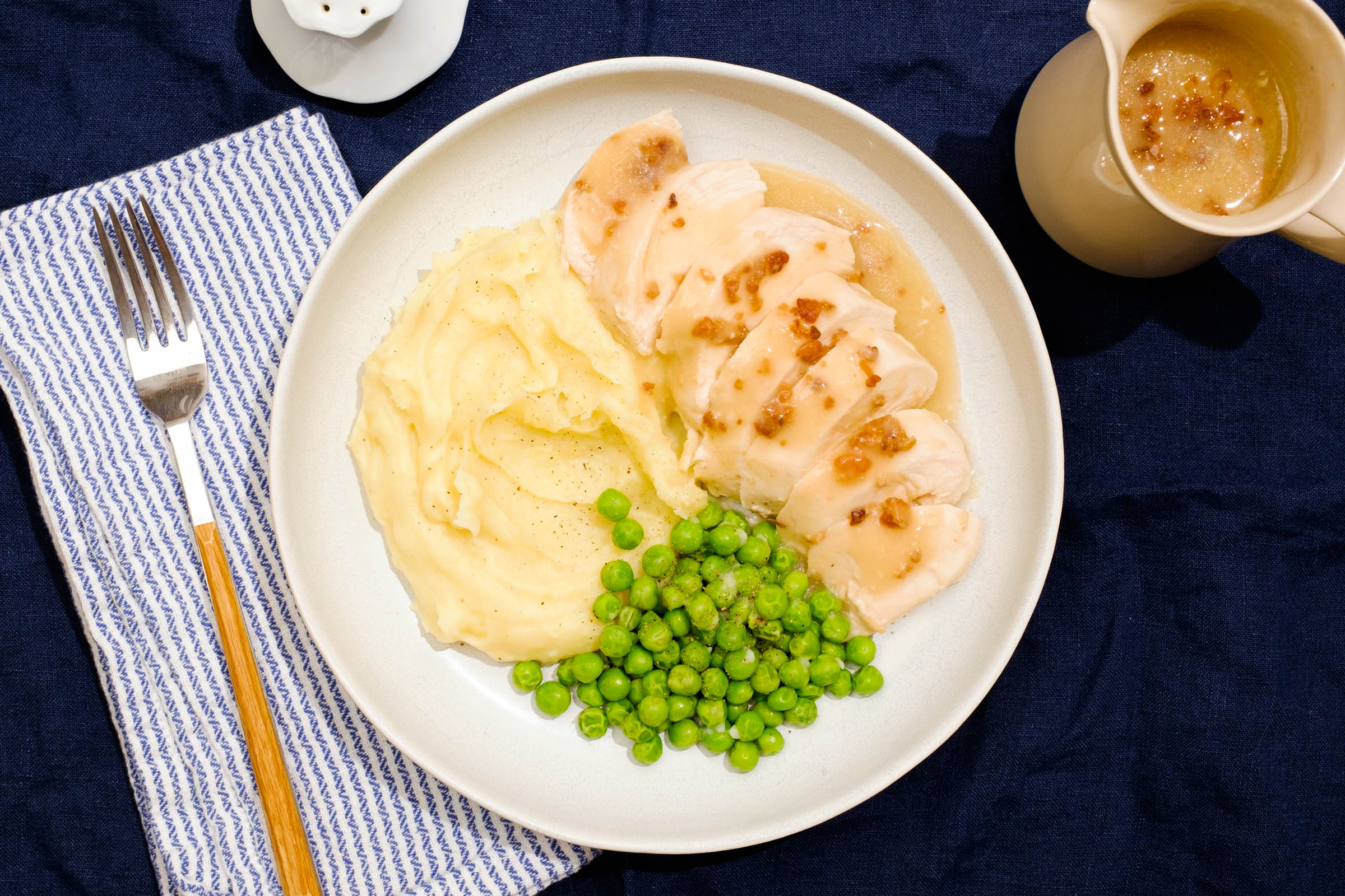 Bacon Gravy Chicken with Truffle Mashed Potatoes and Peas