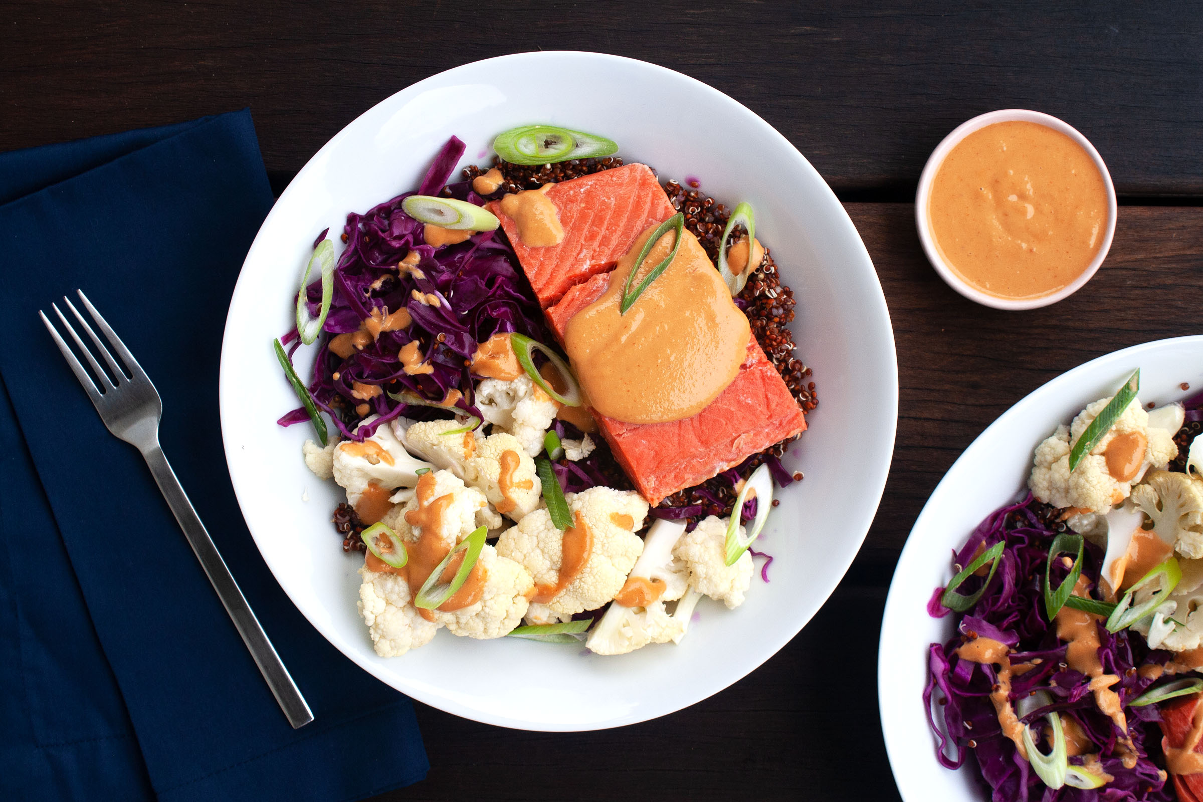 Cauliflower Salmon Bowls with Red Cabbage Slaw