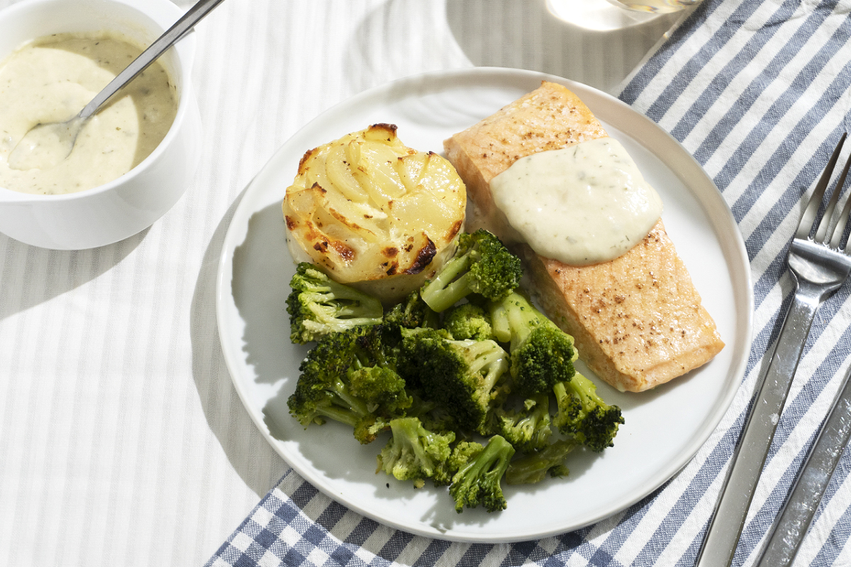 Creamy Lemon Herb Salmon with Potato Gratin & Broccoli