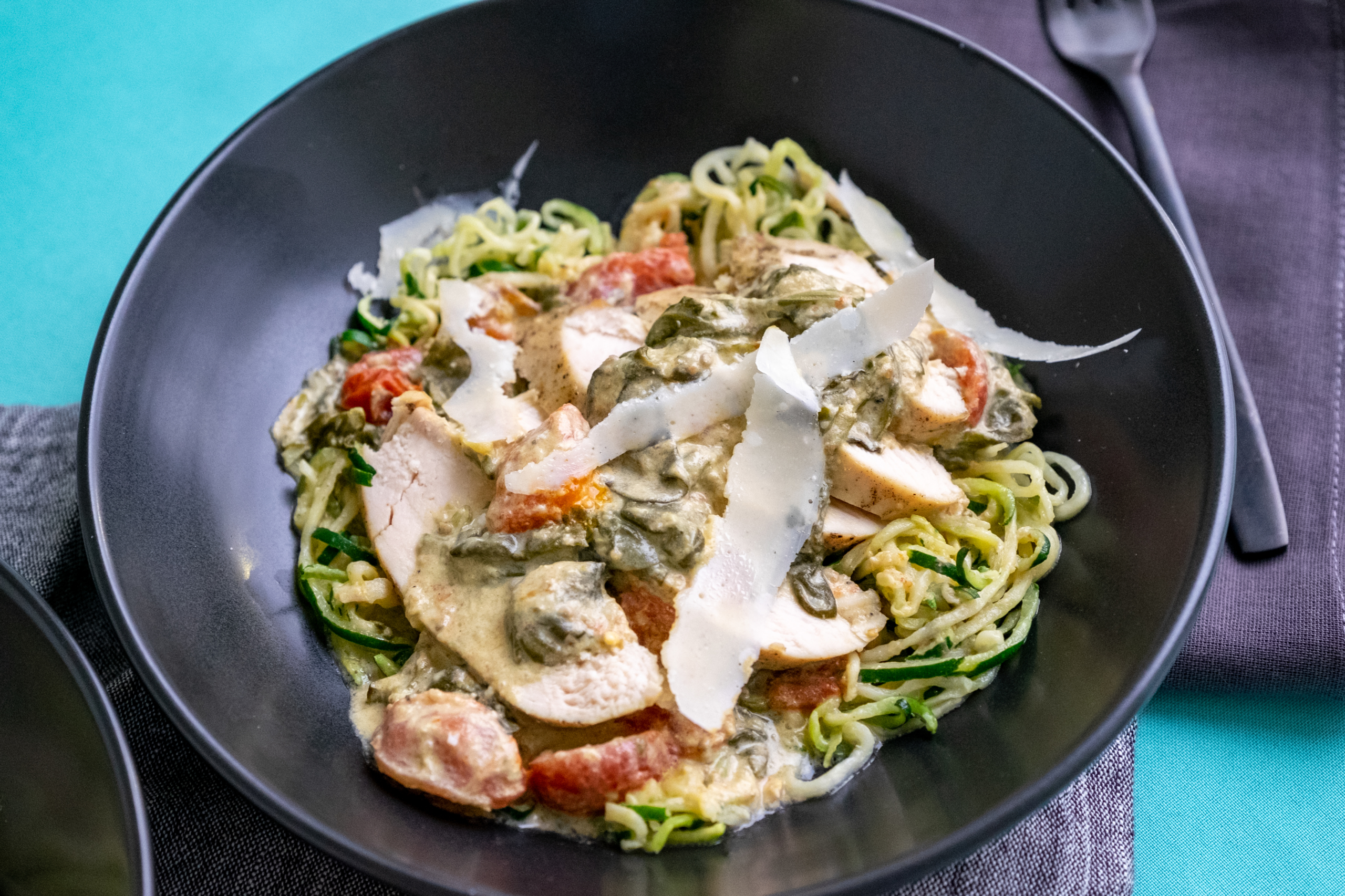 Creamy Spinach-Tomato Chicken with Zoodles