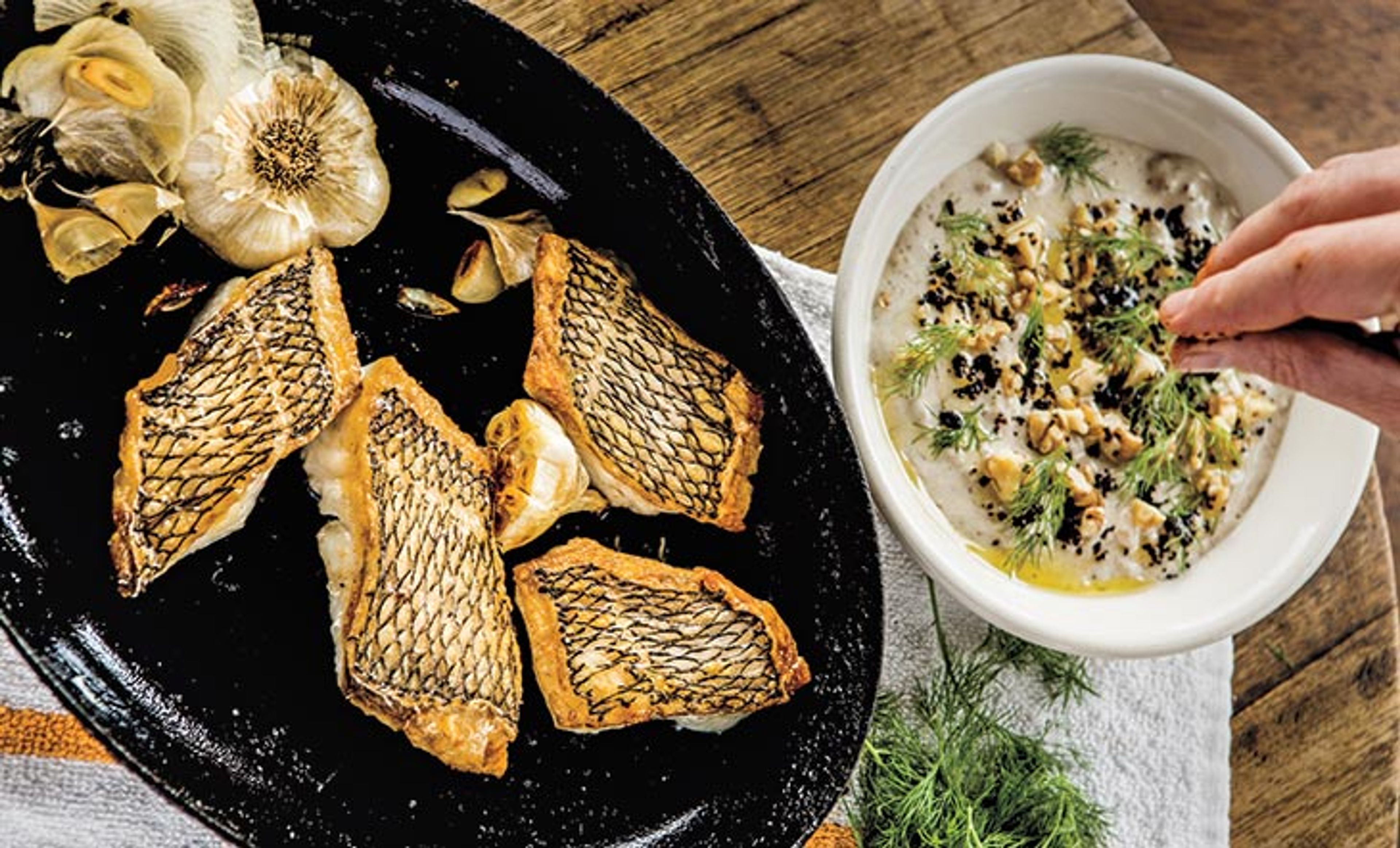 Black Bass with Walnut Tarator
