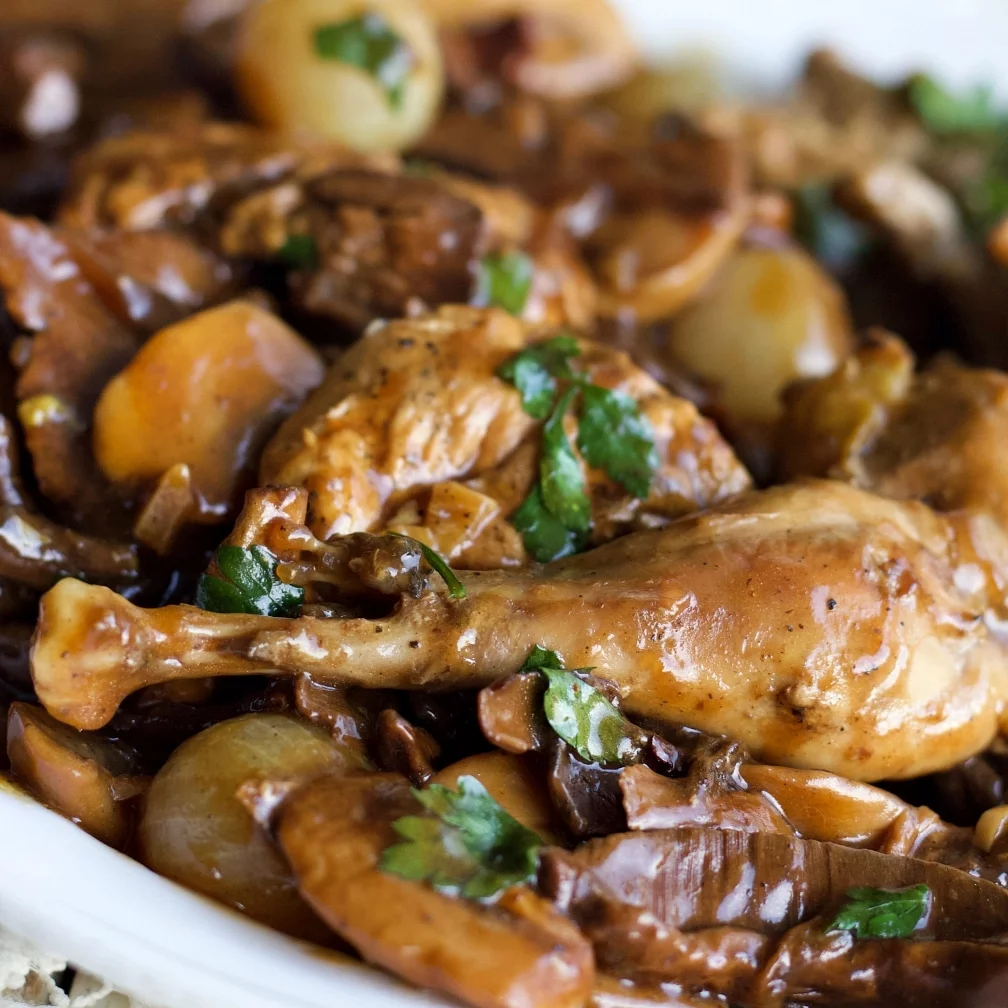 Wild Pheasant In Mushrooms and Wine Sauce