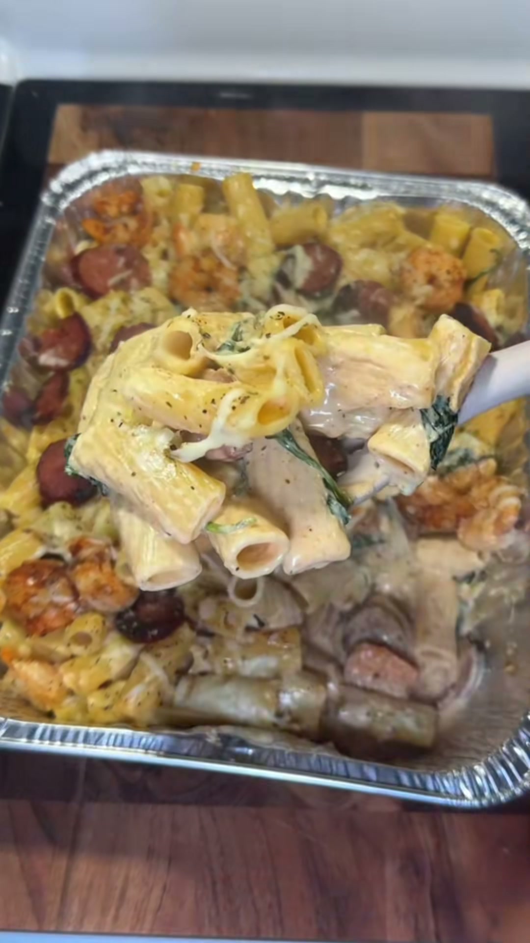 Creamy Cajun Shrimp and Sausage Pasta Bake