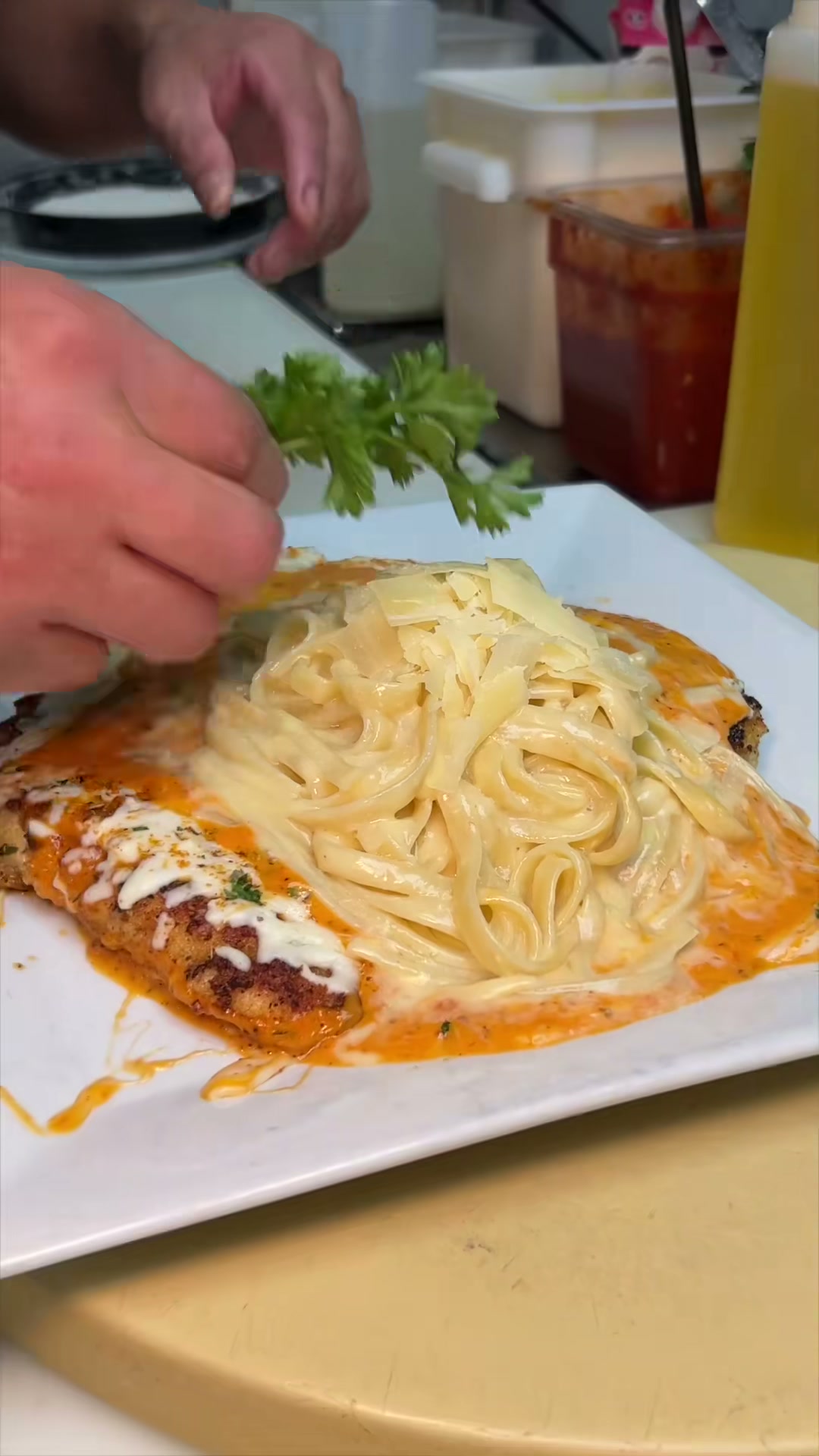 Chicken Parmesan with Vodka Sauce and Fettuccine Alfredo