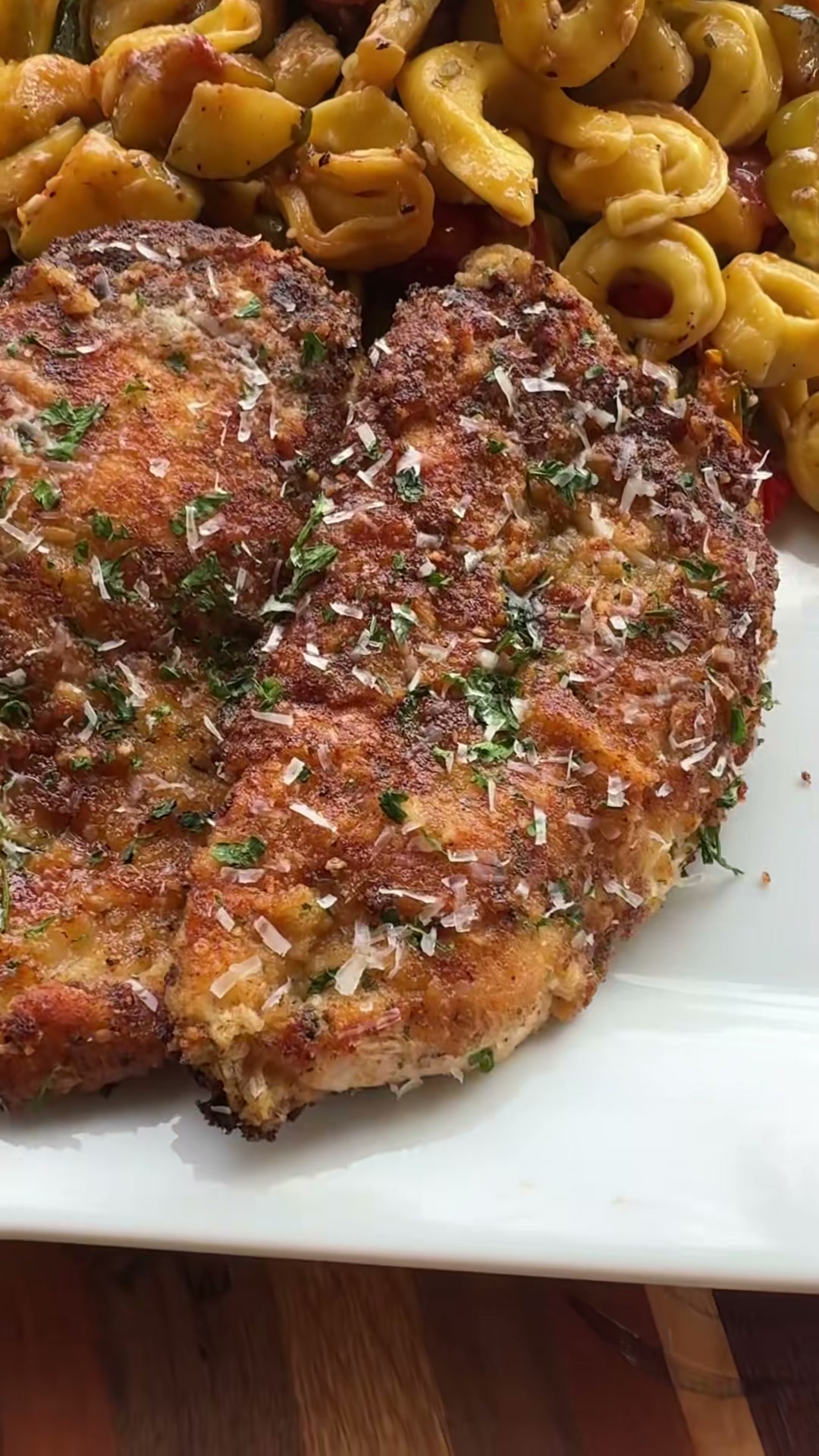 Crispy Garlic Parmesan Chicken with Veggie Tortellini