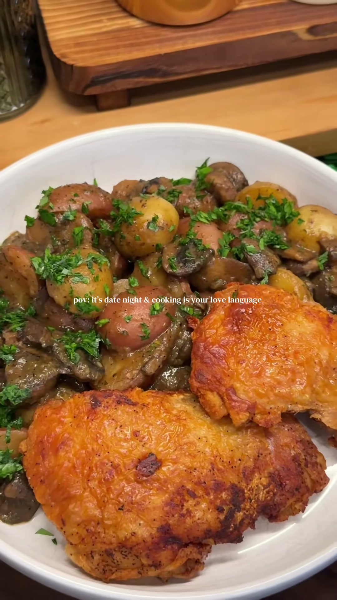 Crispy Chicken Thighs with Potatoes and Mushrooms