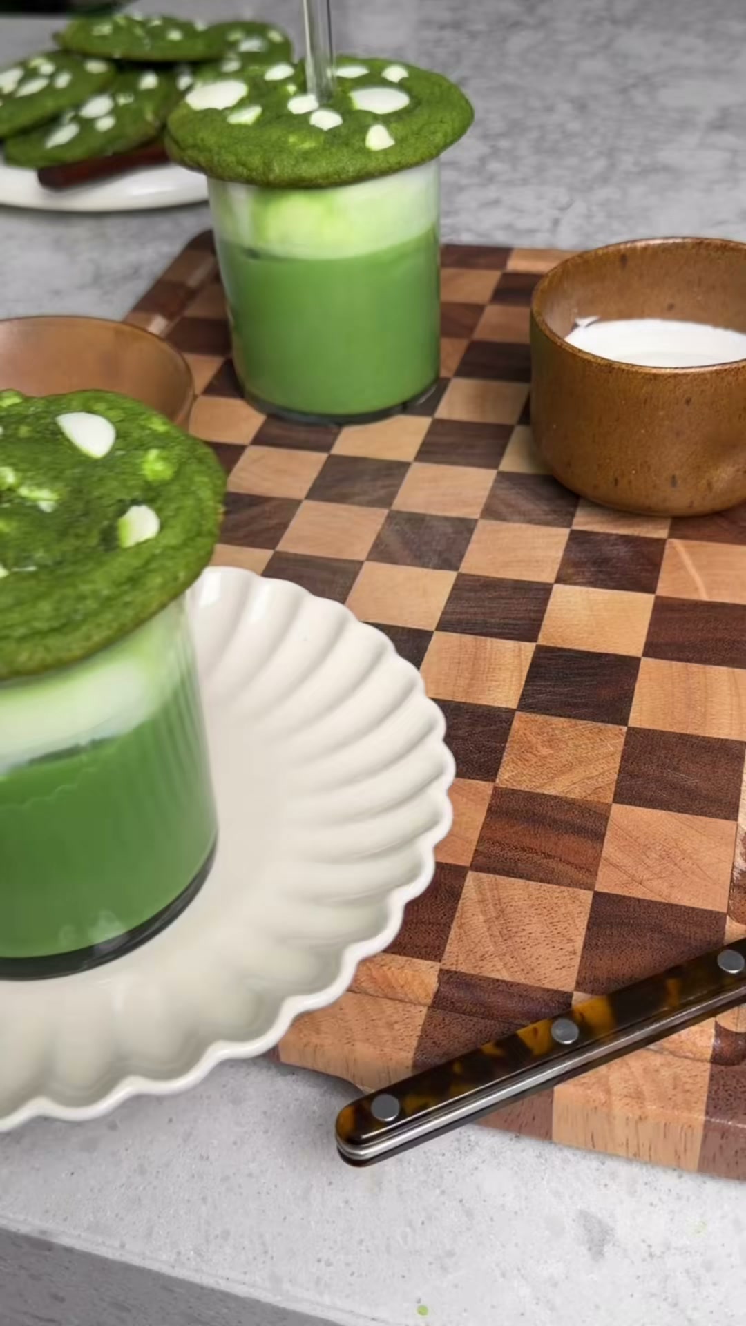 Matcha White Chocolate Chip Cookies with Iced Matcha Latte
