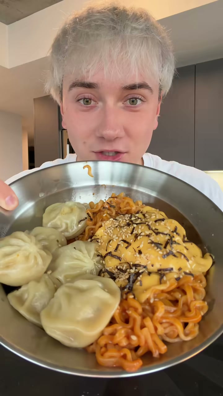 Cheesy Buldak Ramen with Soup Dumplings and Onion Cups