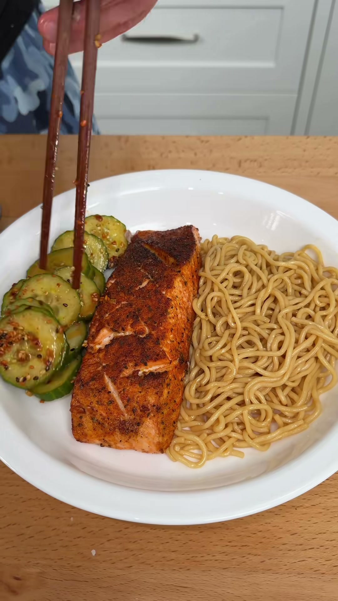 Broiled Salmon with Udon and Spicy Cucumbers
