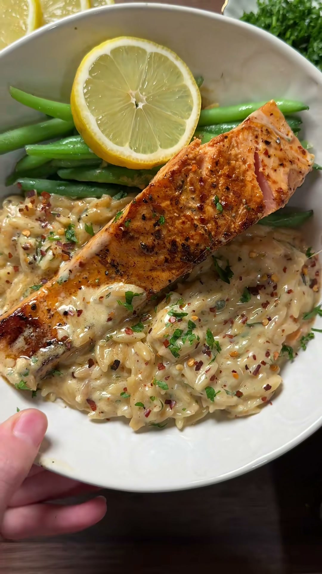 Creamy Garlic Orzo with Salmon