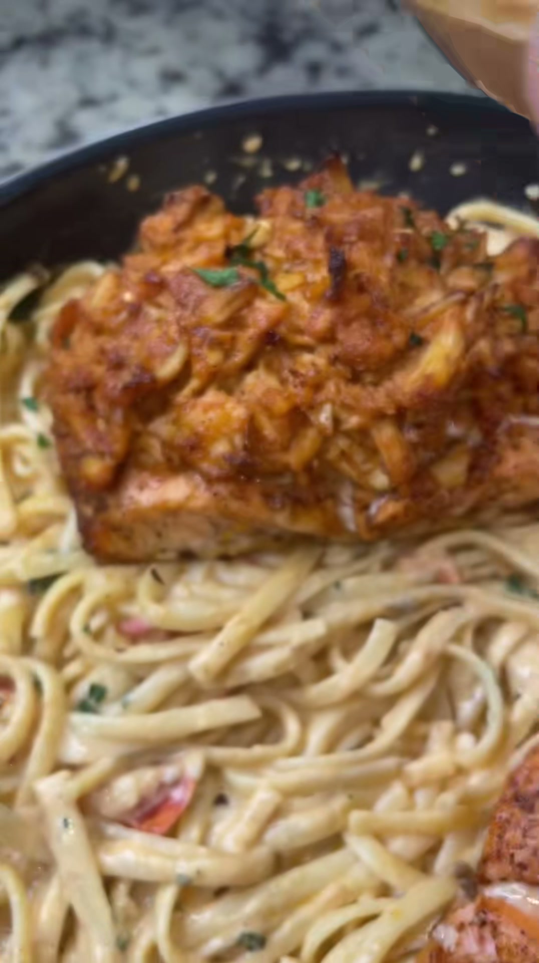 Crab-Topped Salmon with Creamy Tomato Linguine