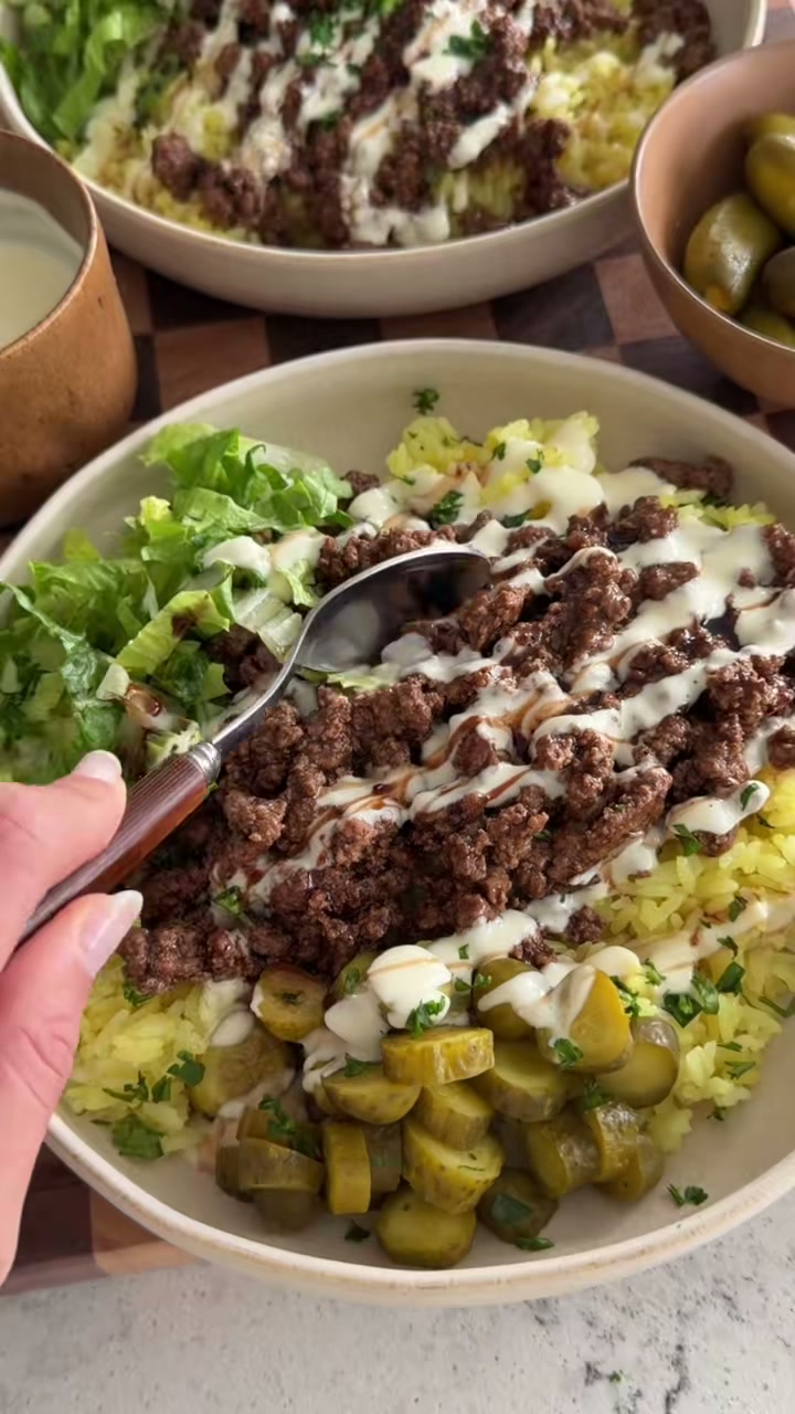 Shawarma Beef Rice Bowl with Garlic Feta Dressing
