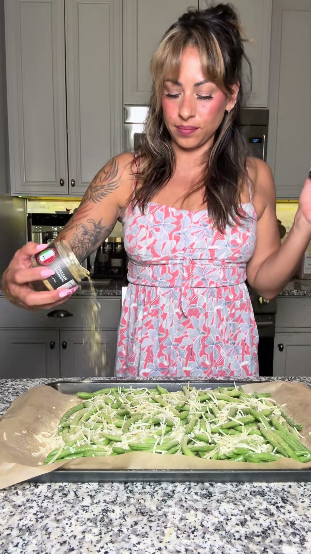 Cheesy Green Bean and Sausage Sheet Pan Dinner